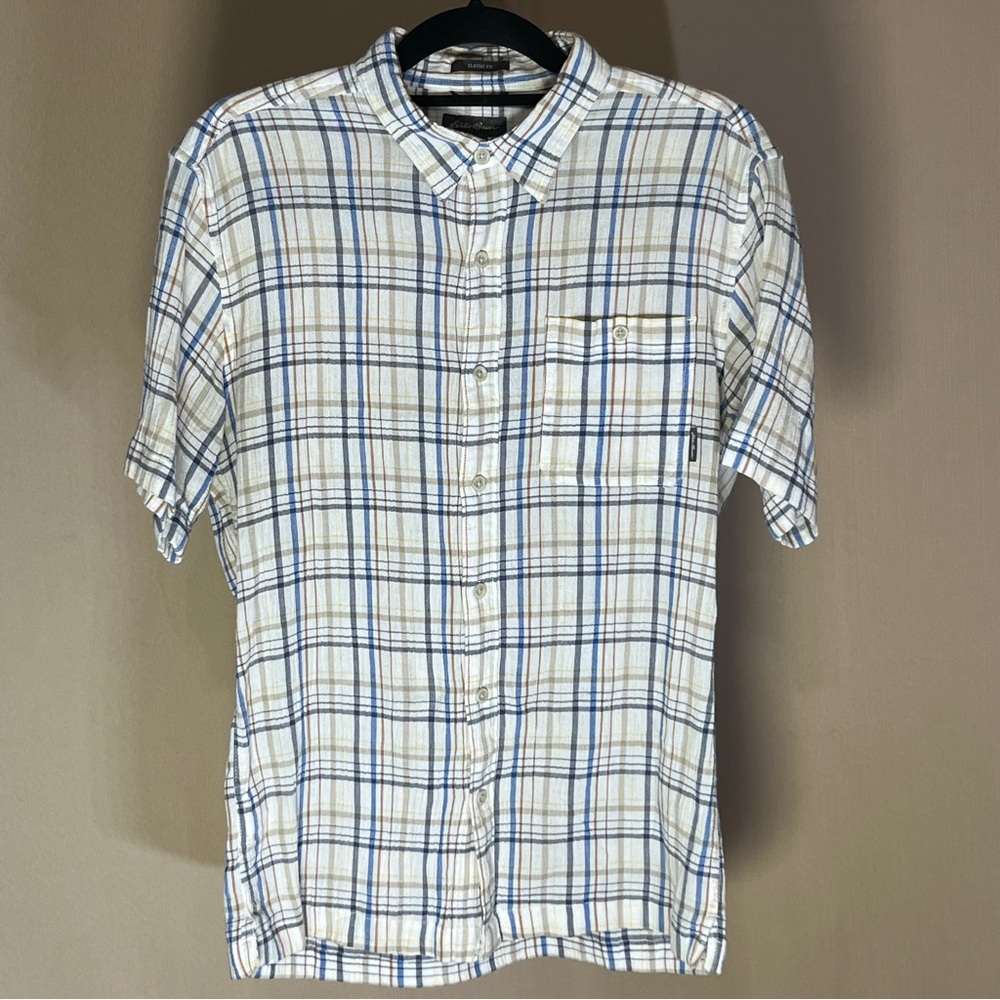 Eddie Bauer Blue & White Plaid Casual Button-Down Shirt | Men’s Size Medium